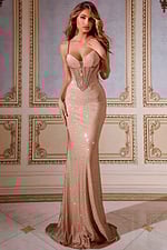 Model wearing Jovani 44538 floor-length gold dress with embellished bodice and sweetheart neckline.