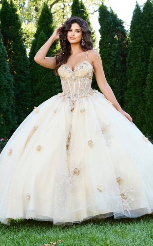 Model wearing Jovani 44559 ball gown with sweetheart neckline and floral details.