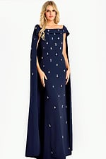 Off shoulder cape gown embellished with scattered crystal appliqués, creating a sophisticated and regal evening look.