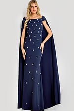 navy blue embellished short sleeve dress with cape over the shoulder 44575