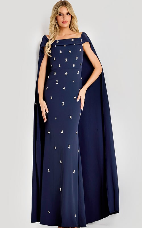 navy blue embellished short sleeve dress with cape over the shoulder 44575