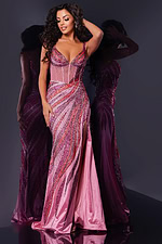 Model wearing Jovani 44577 fuchsia gown with intricate embellishments, front pose.
