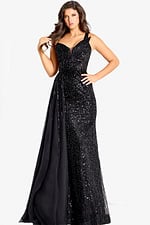 Elegant fitted black gown featuring shimmering sequins and open back