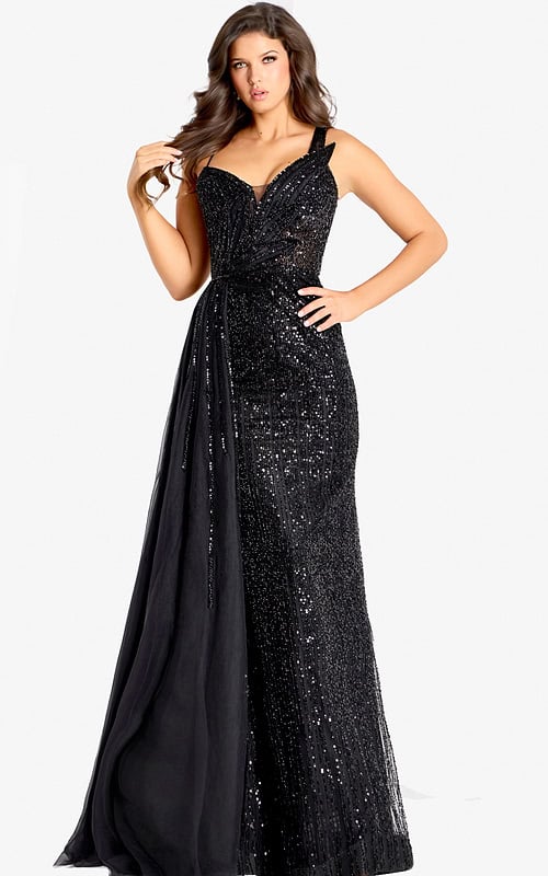 Elegant fitted black gown featuring shimmering sequins and open back