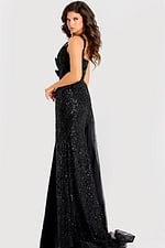 Sleeveless V-neck beaded evening dress with flowing side train