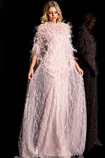 Feather embellished gown with sequin detailing and sheer cape