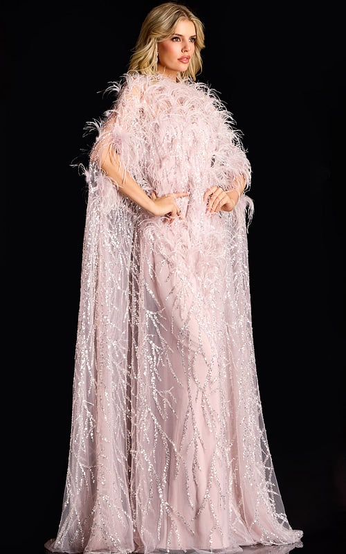 Glamorous feather and sequin dress with high neckline