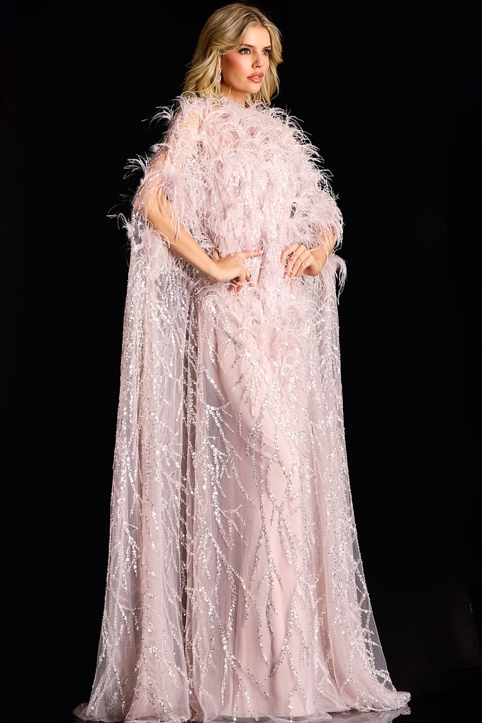 Glamorous feather and sequin dress with high neckline