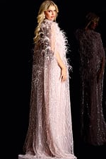 Elegant full-length sequin gown with feathered shoulders
