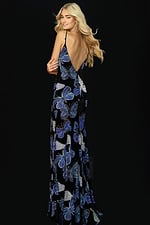 Full-length gown with side slit and blue butterfly beading
