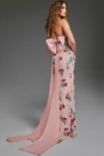 Embroidered Halter Gown with Thigh-High Slit and Bow Detail