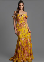 Embroidered yellow mesh gown with pink floral sequins