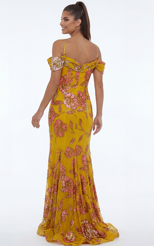 Gold and pink floral fitted gown with delicate straps