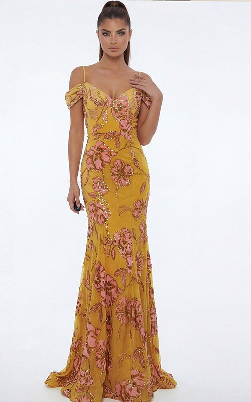 Yellow floral sequin gown with off shoulder straps