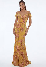 Off shoulder floral sequin gown with fitted silhouette