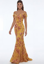Yellow designer gown with pink floral embroidery