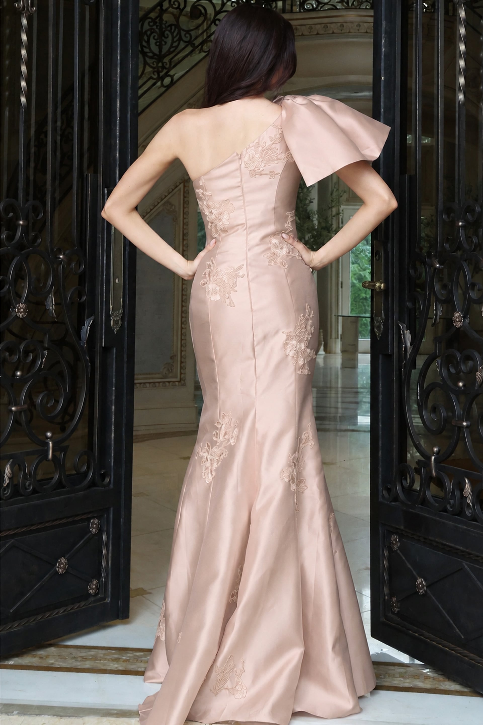 back of floral mermaid one shoulder evening dress 44655