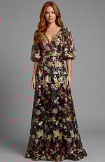 Floral gown with fitted back bodice and flowing hemline