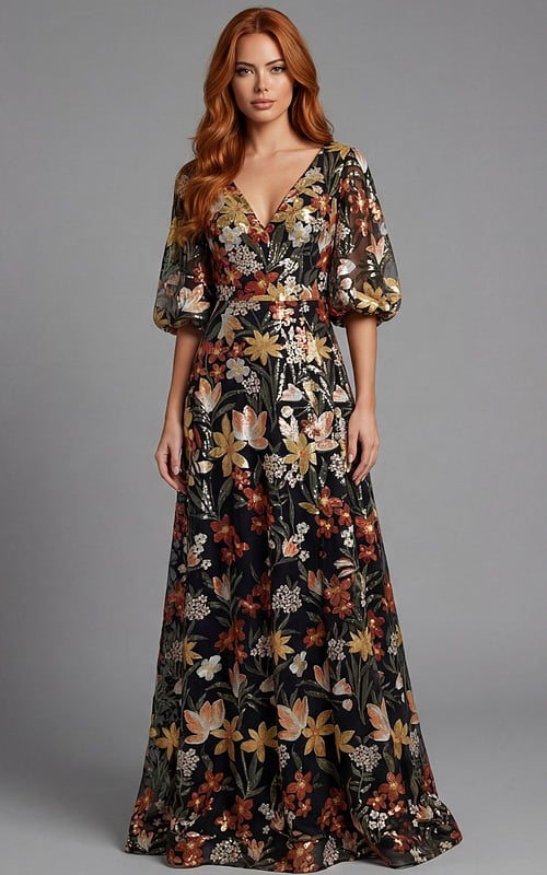 Floral gown with fitted back bodice and flowing hemline