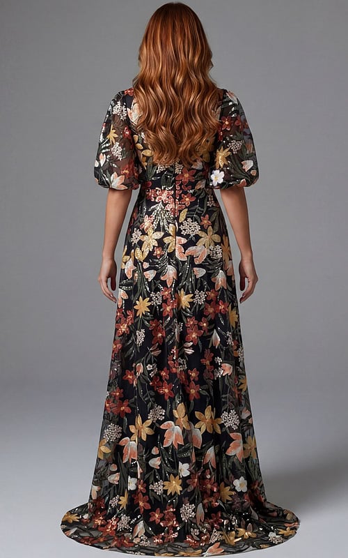 Floral V neck gown with puff sleeves and flowing silhouette