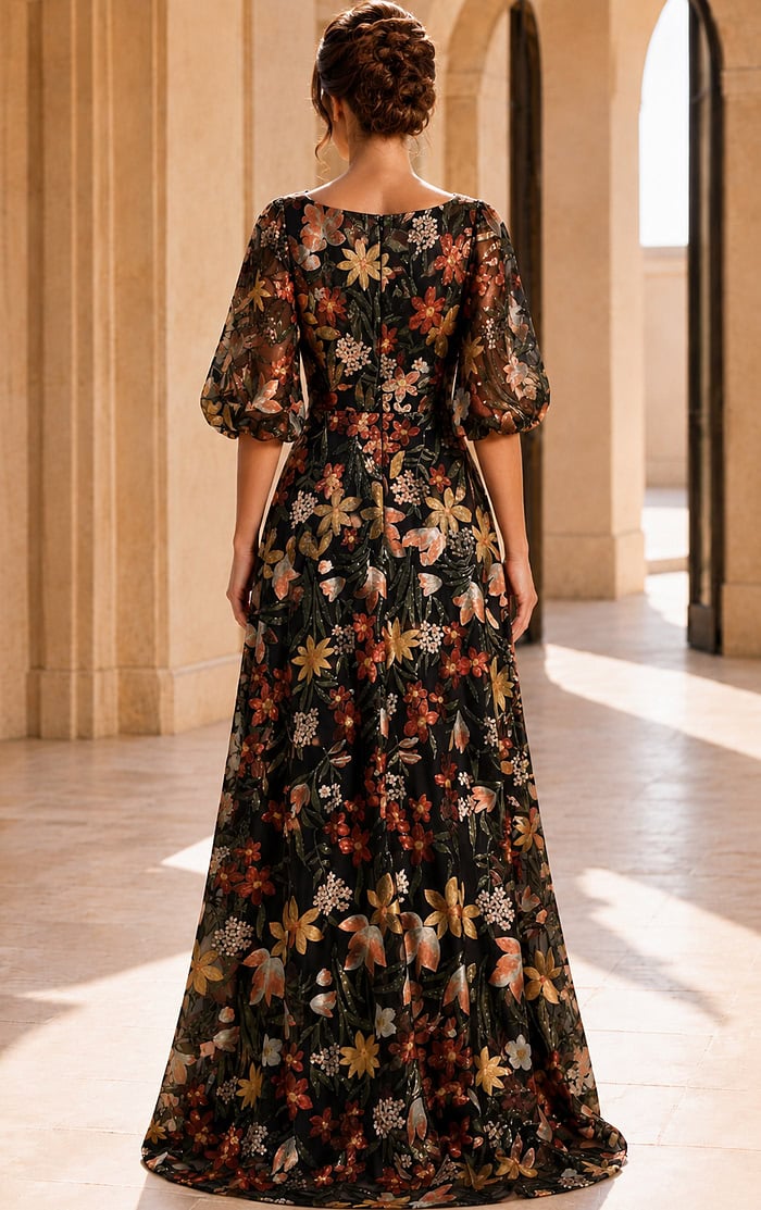 puff sleeve formal dress Long with Short Sleeves The sweetheart neckline is a blooming embrace Floral V Neck Gown With