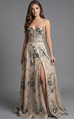 Strapless floral embroidered evening gown with corset bodice shown from the front