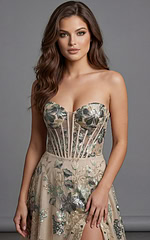 Long evening gown with floral embroidery, fitted bodice, and front slit silhouette