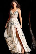 Long embroidered gown with side slit and delicate pastel flower patterns