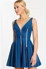 Front view of sleeveless denim mini dress with deep V-neck and exposed zippers