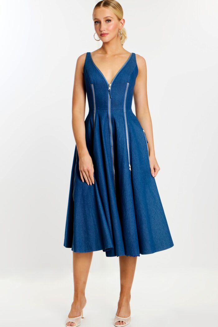 Front view of sleeveless denim midi dress with plunging neckline and zipper accents