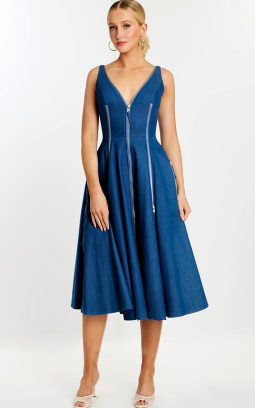 Front view of sleeveless denim midi dress with plunging neckline and zipper accents