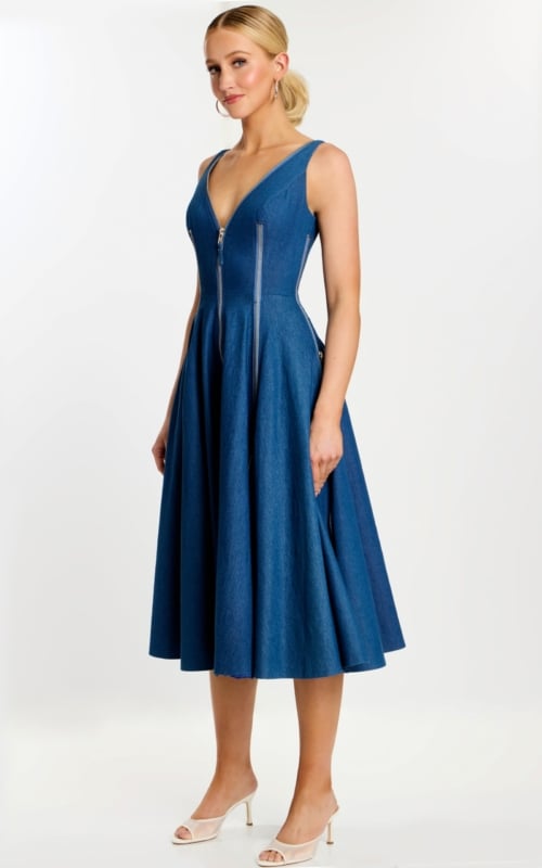 Side angle showing the flared A-line skirt and zippered seams of the denim dress
