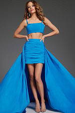 Model wearing Jovani 44713 blue two-piece dress front view