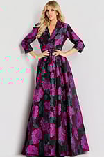 Floral jacquard gown with tailored blazer-style bodice, three-quarter sleeves, and full A-line skirt.