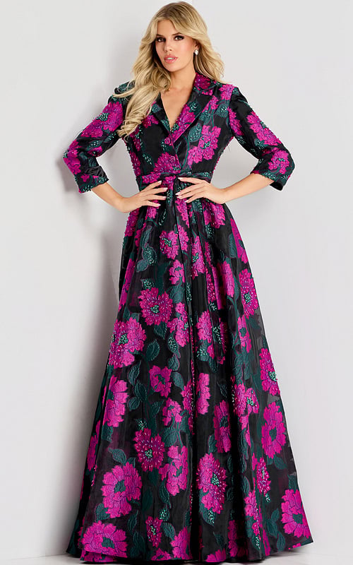 Floral jacquard gown with tailored blazer-style bodice, three-quarter sleeves, and full A-line skirt.