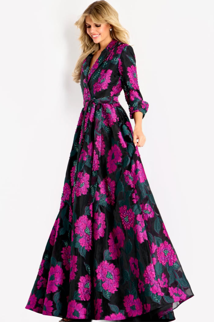long sleeves black and pink floral dress 44716