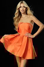 trapless satin fit and flare dress with structured bodice and flared skirt