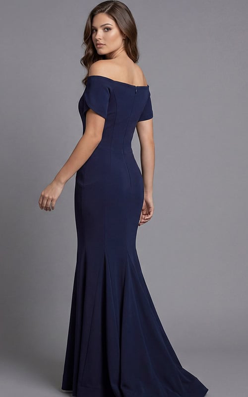 Jovani 44729 navy blue off-the-shoulder mermaid evening gown with short sleeves and floor-length fitted silhouette.