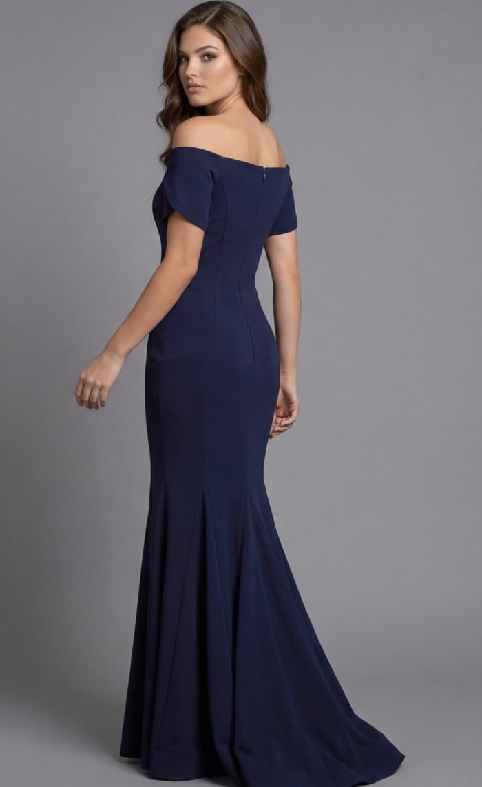 Jovani 44729 navy blue off-the-shoulder mermaid evening gown with short sleeves and floor-length fitted silhouette.