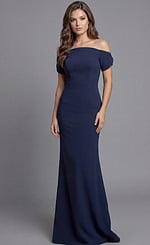 Navy blue off-the-shoulder fitted evening dress with short sleeves and structured bodice by Jovani, style 44729, shown from the waist up.