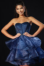 Strapless layered organza dress with beaded bodice and crystal belt