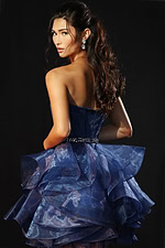 Back view of strapless organza dress with ruffled skirt and fitted bodice