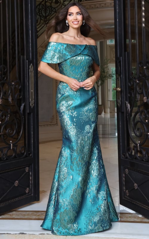 Teal metallic textured off-the-shoulder mermaid gown, front view