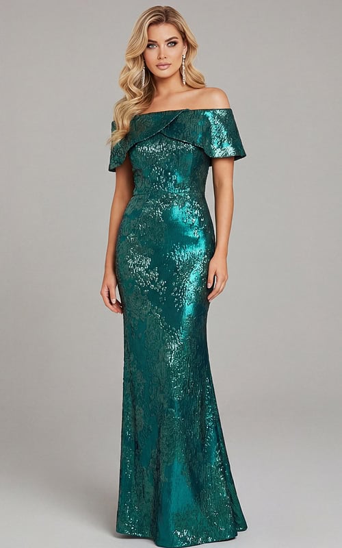 Off shoulder column gown with structured bodice and metallic texture
