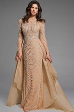 Floor-length gown with long sheer sleeves and intricate beadwork in an elegant cascading pattern.