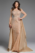 Full-length gown showcasing shimmering embellishments and an airy tulle train.