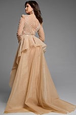 Back view of a beaded gown featuring layered tulle details and a fitted silhouette.