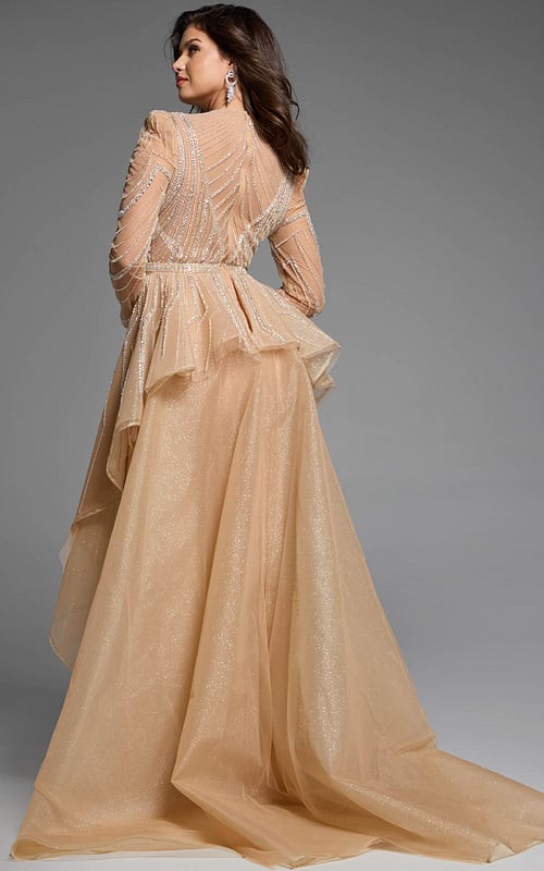 Back view of a beaded gown featuring layered tulle details and a fitted silhouette.