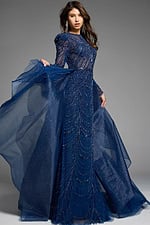 A graceful beaded evening gown with sheer detailing and a dramatic tulle train.