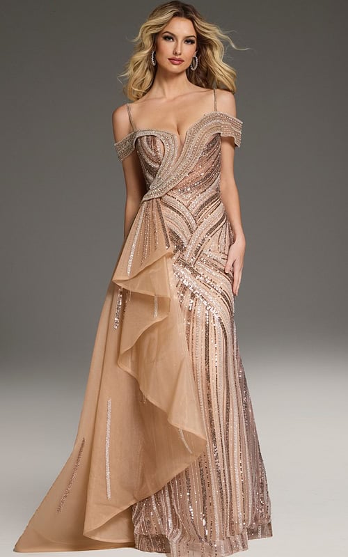 Model wearing Jovani 44843 in a full-length beige gown with beadwork and off-the-shoulder neckline.